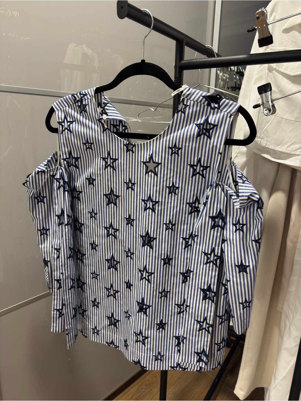 Sandro Blue and White Striped Star Cold-Shoulder Blouse